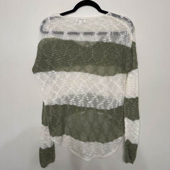 Charming Charlie Womens Medium Olive Green White Striped Open Knit Sweater - Picture 3 of 4